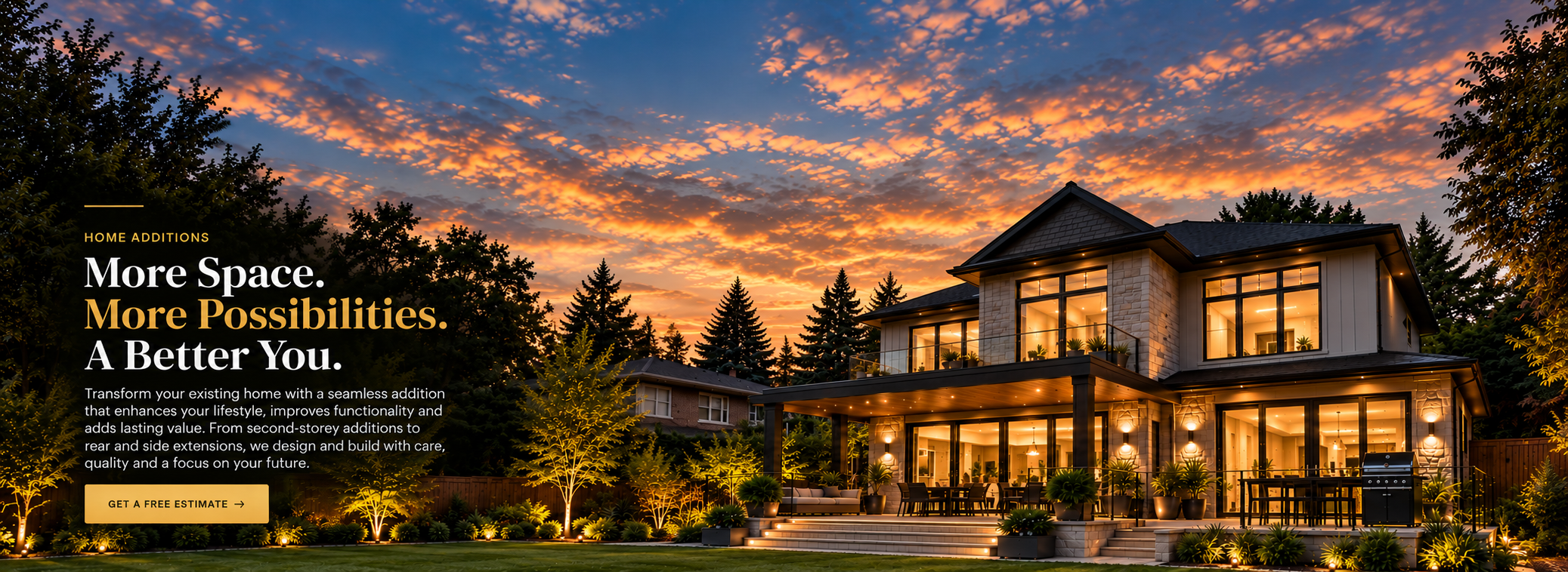 Lakmé Homes additions page with two-storey luxury home, covered patio and balcony at dusk