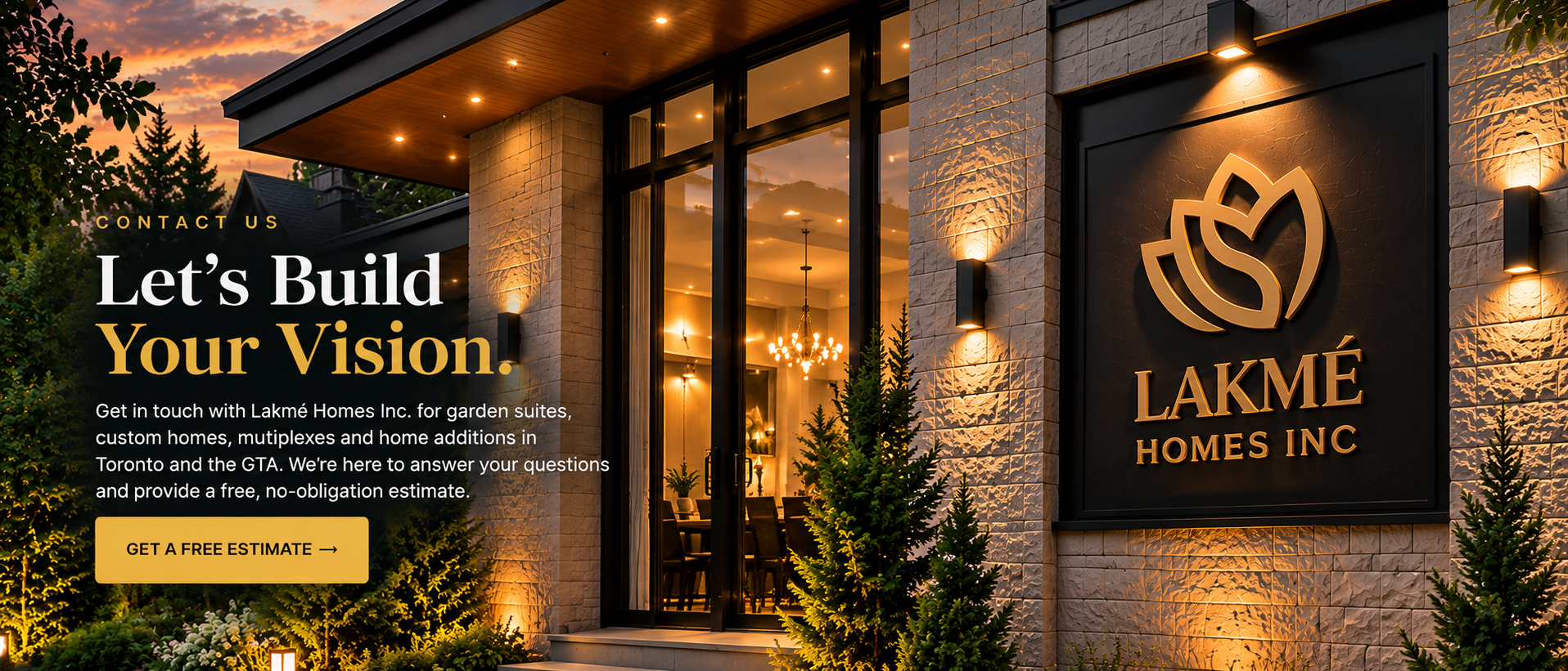 Lakmé Homes Contact Us hero with original proportioned logo