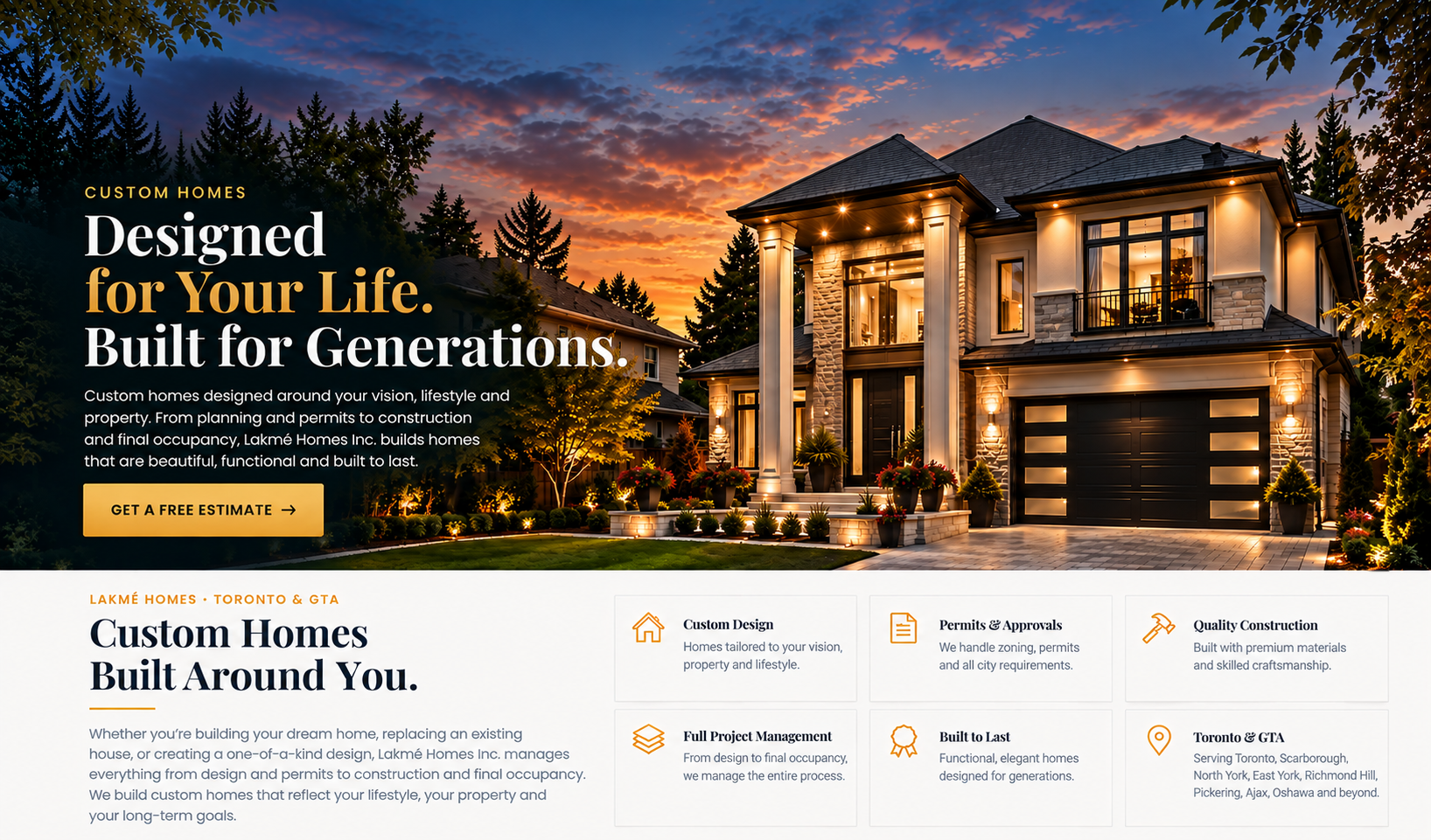 Luxury custom home at dusk in Toronto and GTA, with Lakmé Homes custom design and construction services