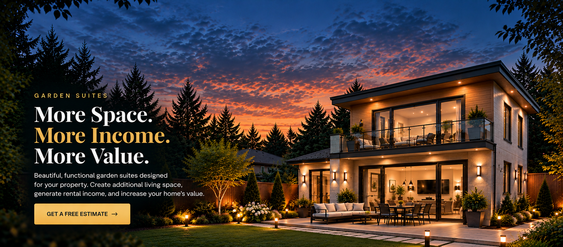 Two-storey garden suite at dusk with the approved Garden Suites headline